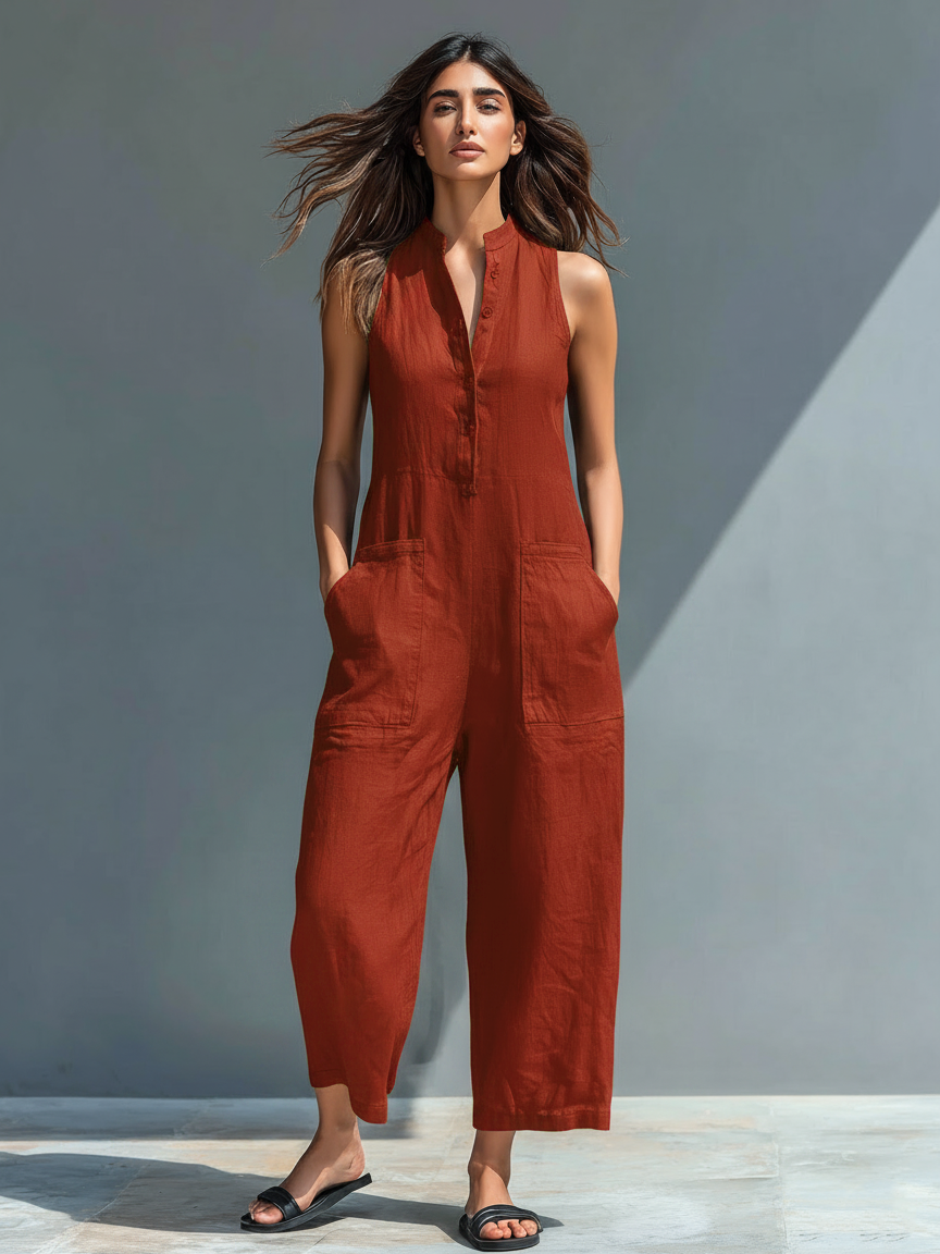Mono de Lino para Mujer – Holgado, Sin Mangas, con Botones y Cuello Alto