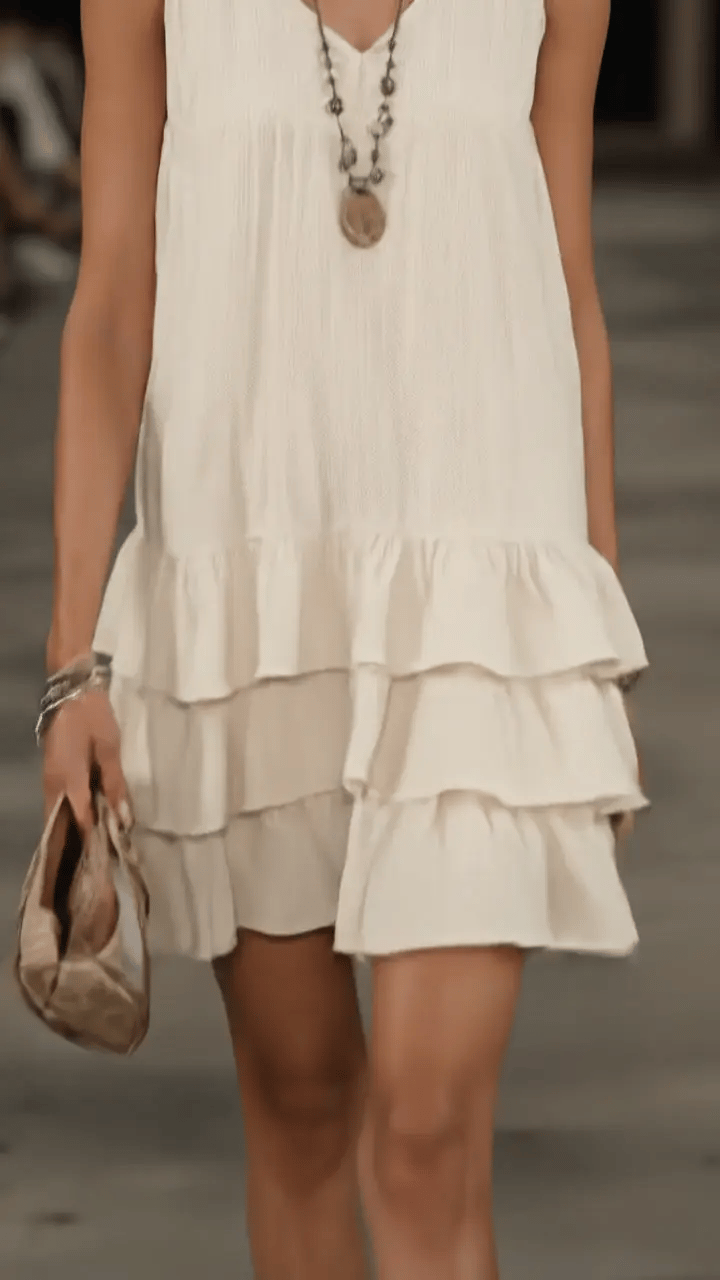 Isabel | Vestido Mini de Lino con Capas Superpuestas y Volantes sin Mangas
