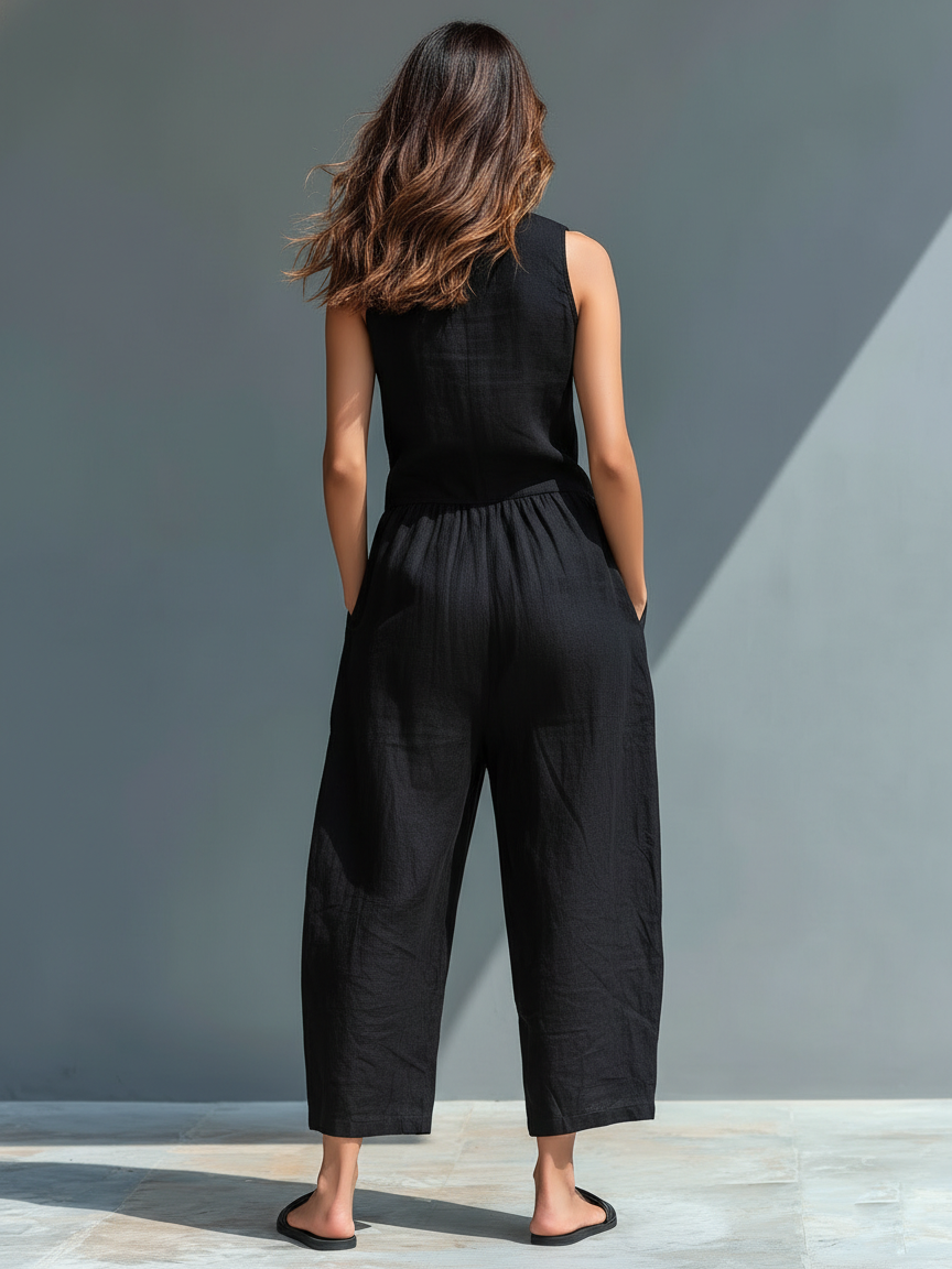 Mono de Lino para Mujer – Holgado, Sin Mangas, con Botones y Cuello Alto
