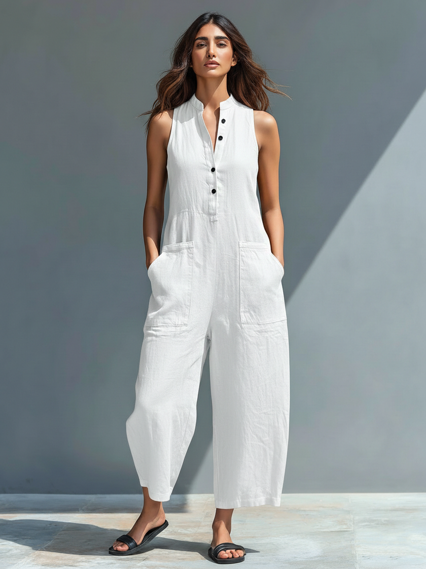 Mono de Lino para Mujer – Holgado, Sin Mangas, con Botones y Cuello Alto