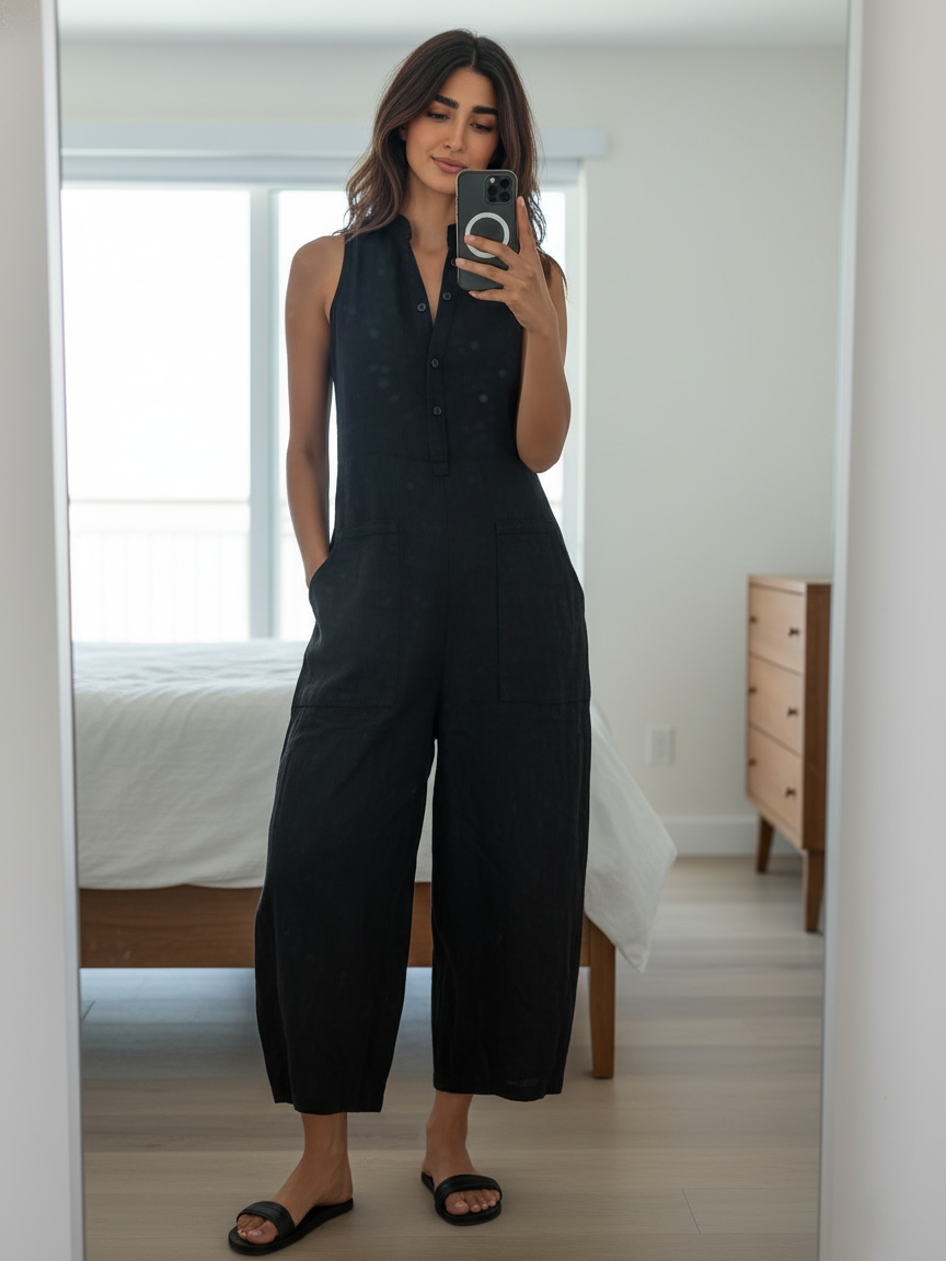 Mono de Lino para Mujer – Holgado, Sin Mangas, con Botones y Cuello Alto