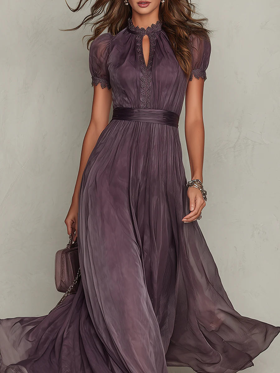 Flavia – Vestido Largo de Chifón con Escote Cruzado y Encaje