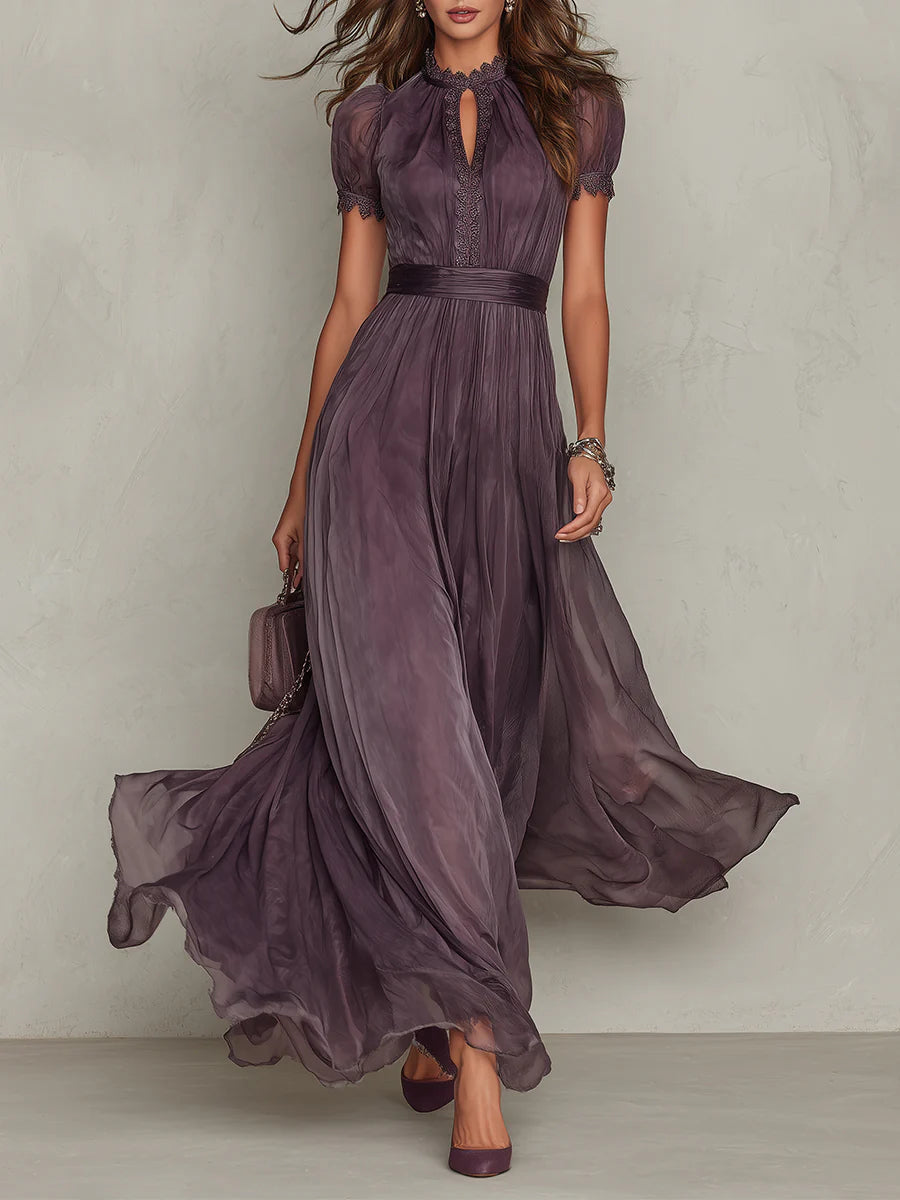 Flavia – Vestido Largo de Chifón con Escote Cruzado y Encaje